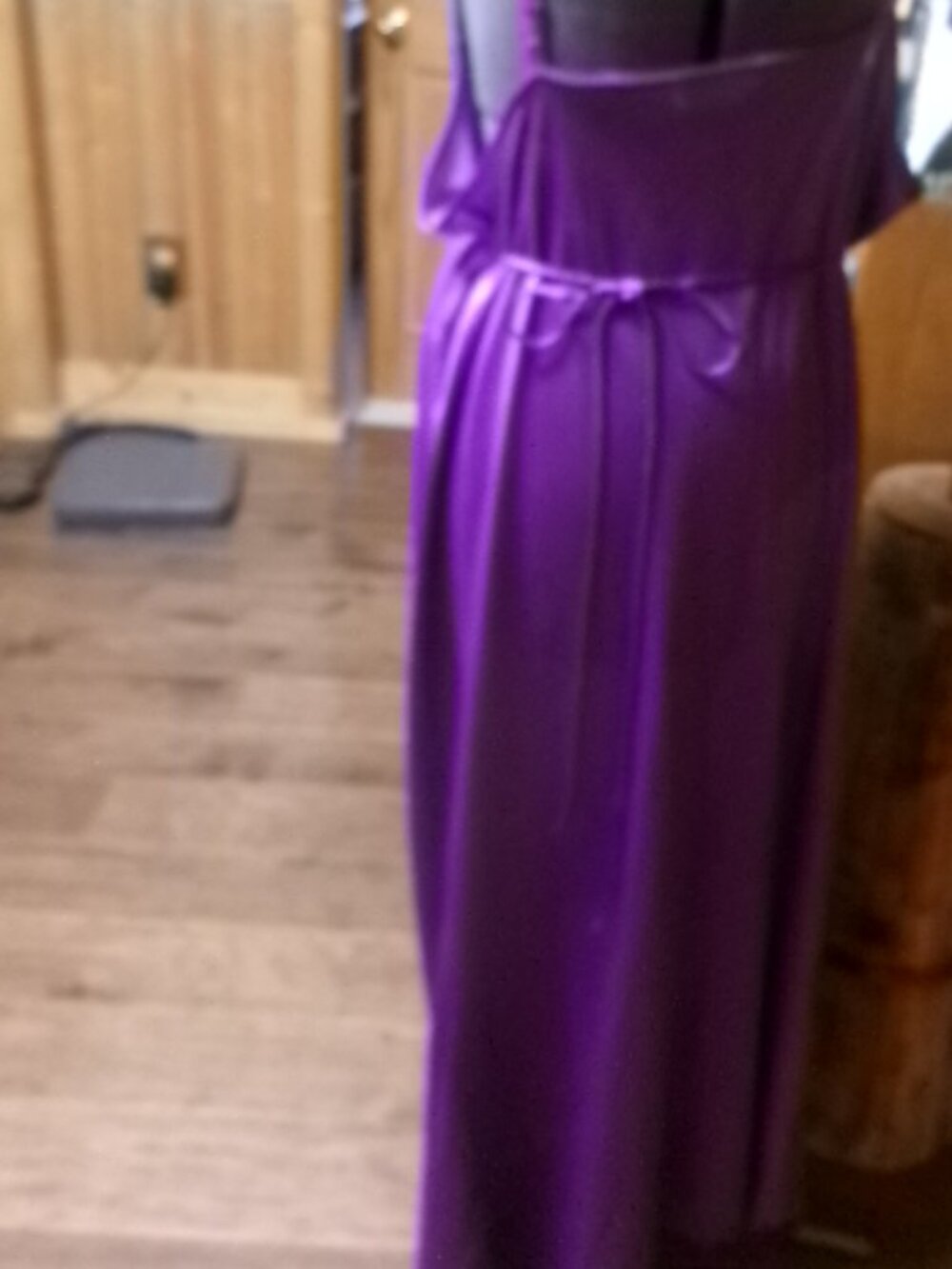 vtg glam sexy dark purple flowing nightgown black lace plunge front tie back xl - Picture 6 of 6